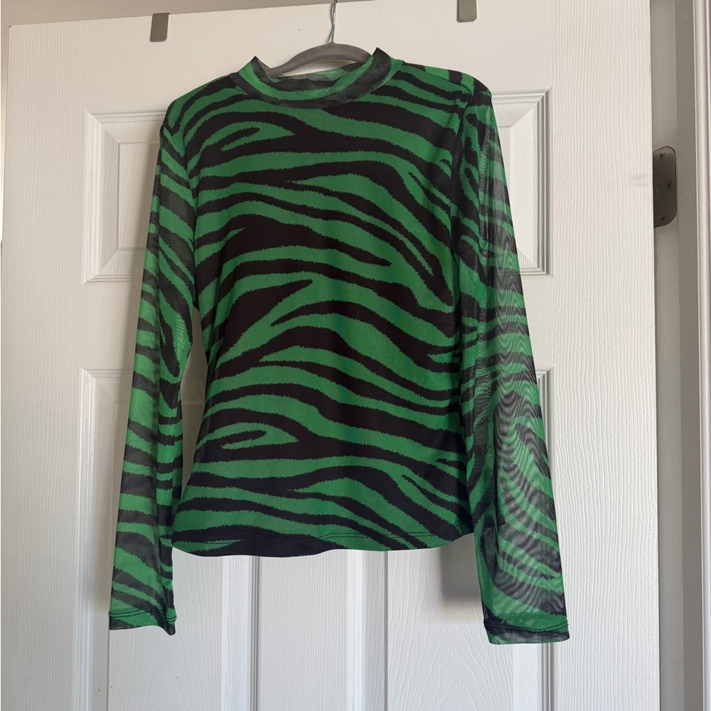 Green & Black Zebra Print Sheer Long Sleeve Top